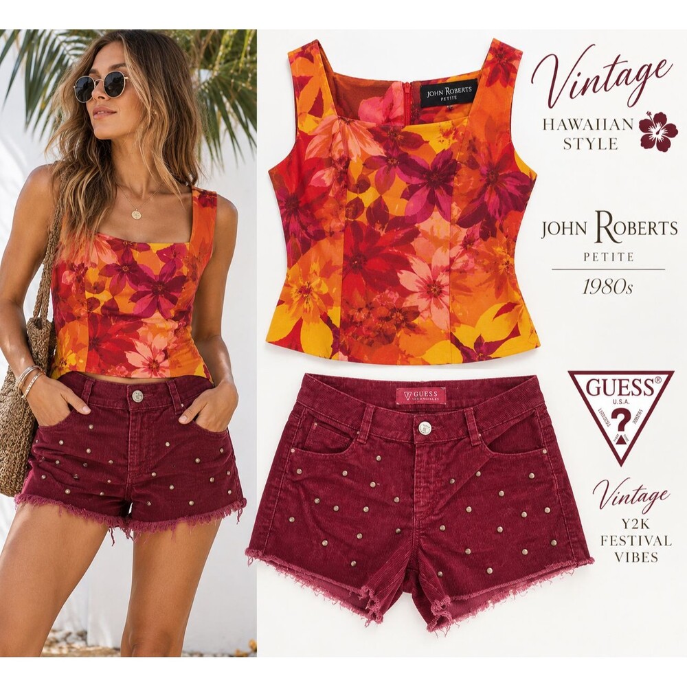 VTG 80s John Roberts Hawaiian Top GUESS Corduroy Stud Shorts 27 Festival Outfit